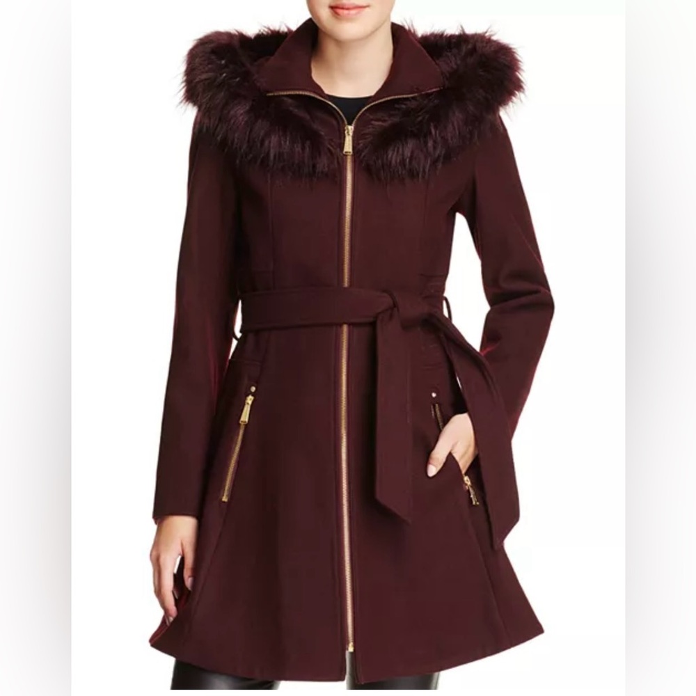 Laundry By Shelli Segal Burgundy Coat with Faux Fur Trim size large wool